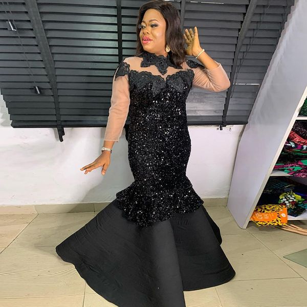 

african prom dress long sleeves black appliques sequins mermaid prom gowns for women vestido festa formatura