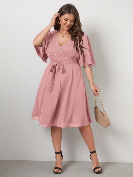 

plus pearls beaded surplice neck belted dress n6uc#, Black