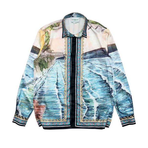 

selling trendy brand ins new silk casual shirt street fashion casablanca seaside sunset print lazy style silk satin short sleeve shirt men a, White;black