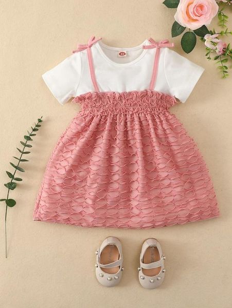 

baby colorblock layered frilled tie shoulder 2 in 1 dress she, Red;yellow