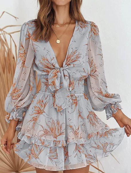 

casual dresses women spring autumn print a-line robe femme bandage ruffle elastic waist v-neck long sleeve mini derss for woman vestido, Black;gray