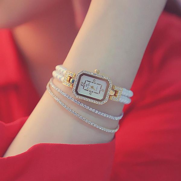 

wristwatches brand pearl bracelet women watch ladies dress clock women's luxury diamond rectangle dial quartz wrist watches relogio fem, Slivery;brown