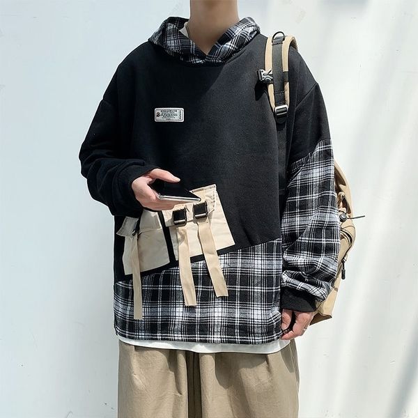 

2021 new autumn plaid hoodies men's fashion retro casual hooded sweatshirt men streetwear loose hip-hop pullover hoodie mens hoody m-5x, Black