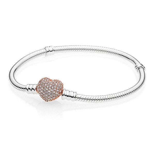 

original 925 sterling silver bracelet gold pave heart clasp crystal bracelet women bead charm diy fashion jewelry gift, Golden;silver