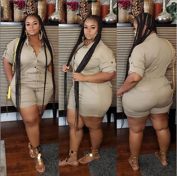 

summer big size solid color womens jumpsuit short fashion ladys turn down collar single breasted lace up overalls rompers, Black;white