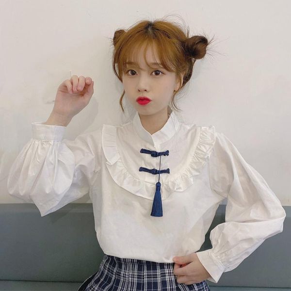 

women's blouses & shirts autumn winter vintage stand up collar tassel long sleeve small fresh white ladies fashion clothing
