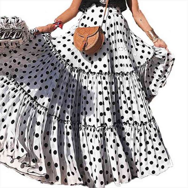 

summer women plus size polka dot high waist ruffled a line swing maxi skirt, Black