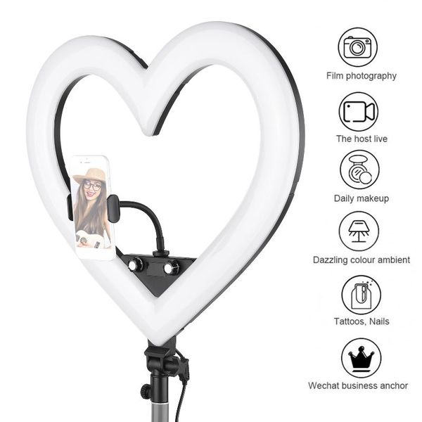 

19 inch rgb heart-shaped pgraphy led video light 3200-5600k 48w high brightness with phone holder for live streaming vlog