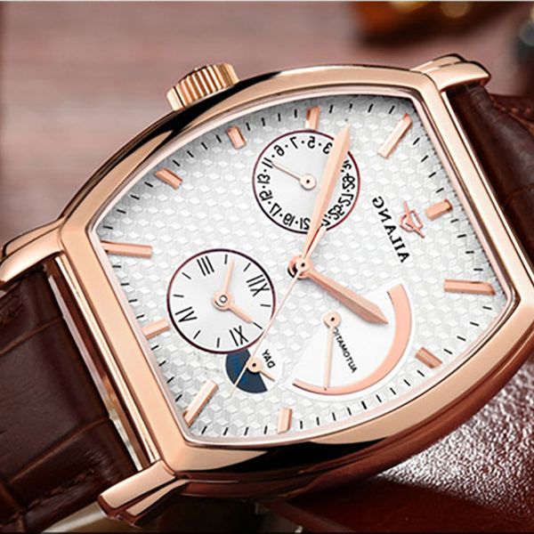 

vintage tonneau men mechanical watches automatic self-winding watch real leather calendar wrist 2 time zones analog reloj, Slivery;brown