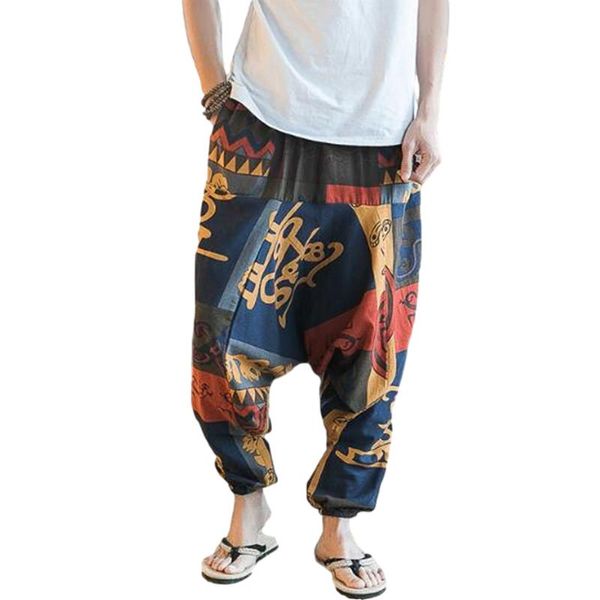 

men's pants elastic waist cross for men baggy cotton linen vintage printing trousers casual oversize 5xl hip hop clothing, Black