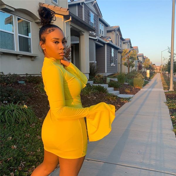 

high neck flare long sleeve bodycon mini dress fall fashion yellow dresses party night club wear d64-bg27, Black;gray