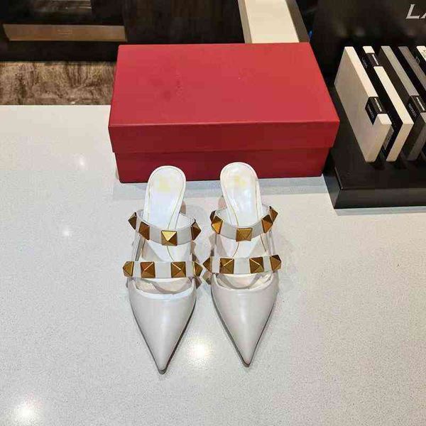 

fashion golden metal rivet stiletto heel sandals womens decorated double buckle dazzle white black sootheze slippers party pointed toes