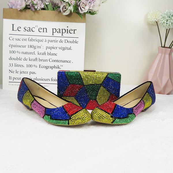 

baoyafang new multicolor crystal 2cm wedges women wedding matching woman low heel fashion shoes and bags set wkmd, Black