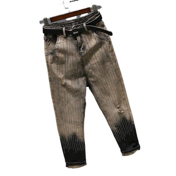 

women's jeans gradient color women diamond encrusted stripes denim pants 2021 hole ripped for, Blue