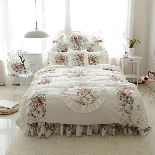 

bedding sets 100% cotton girls korean style set 4/7pcs king  twin size floral lotus leaf bed skirt duvet cover pillow shams