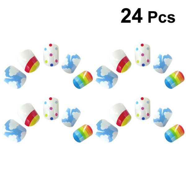 

false nails 24pcs girls nail sticking decals full cover manicure decorative sticker fake cartoon for kids (rainbow), Red;gold