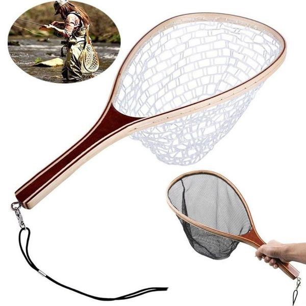 

fishing landing net wooden handle rubber/nylon landing handle trout mesh fish catch release scoop fishing tool