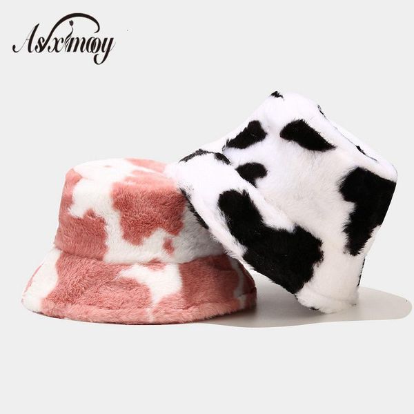 

winter warm bucket hat fluffy plush thick fisherman caps fashion cow print soft autumn sun hat female basin chapeau 2021, Blue;gray