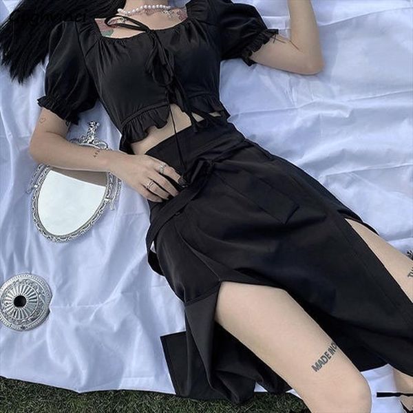 

sets solid square collar womens tracksuits puff sleeve blouses ruched ruffles elegant crop high waist a line skirts fashion, Gray
