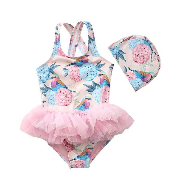 

0-5 years baby toddler girls princess lace layer swimsuit tutu dress one-pieces swimwear floral beach outfits with swimming hat