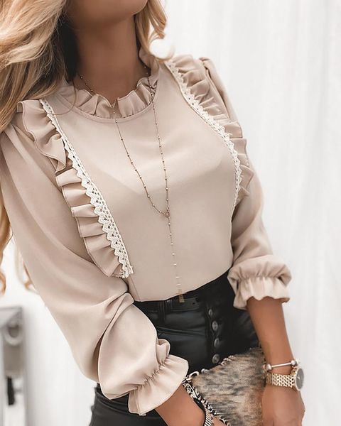 

women's blouses & shirts ruffles trim splicing blouse women autumn spring clothes office lady o-neck long sleeves slim fit woman plain, White