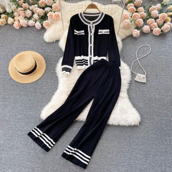 

women's two piece pants black and white knit comfort suit traje conjuntos vintage contrast color loose knitted coat hanging two-piece s