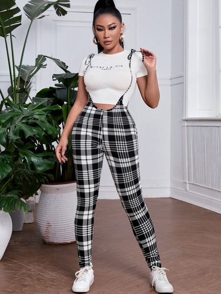 

plaid tie shoulder overalls without tee t3ve#, White