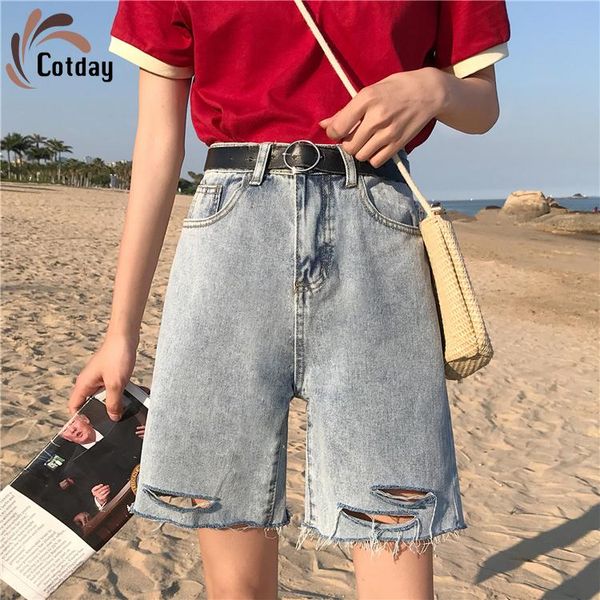 

women's jeans cotday loose korean high waisted washed and worn straight 2021 fashion spring retro with hole street capris, Blue
