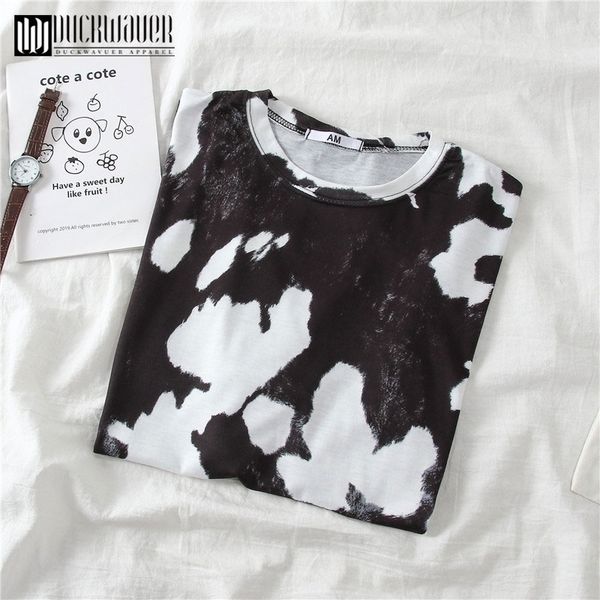 

duckwaver summer cow printed women oversize tshirt white and black breathable soft female basic loose tshirt women tee 210315