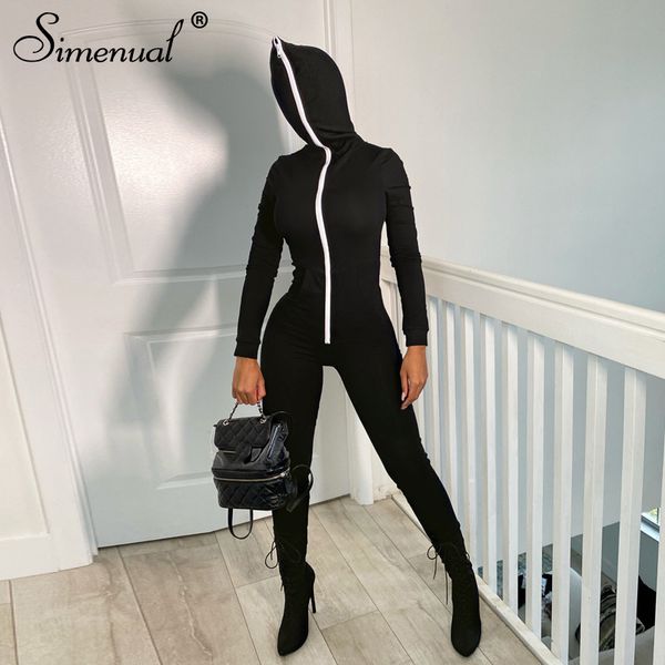 

zipper hooded fitness casual sporty rompers womens jumpsuit long sleeve autumn fashion workout solid one piece outfits, White;black