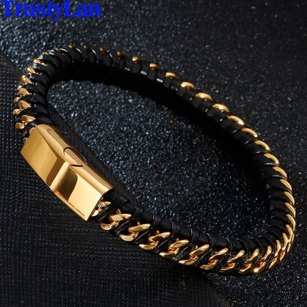 

tennis personalized braided genuine leather bracelet men polished gold stainless steel mens bracelets fashion wrap bangles male jewelry, Golden;silver