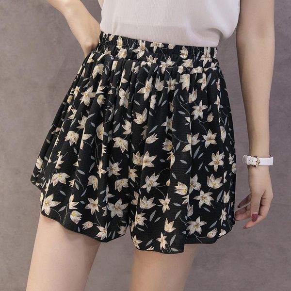 

women's shorts women large size wide leg with lining summer half length loose chiffon print casual p2213, White;black