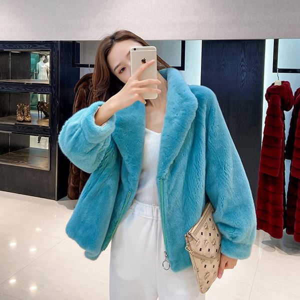 

women's fur & faux imported real mink coats jackets natural whole zipper turn-down collar overcoats batwing sleeve clothes, Black