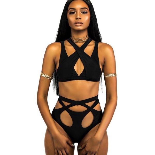 

women's swimwear two-piece swimsuit black africa bikini bandage high cut waisted bathing suits, White;black