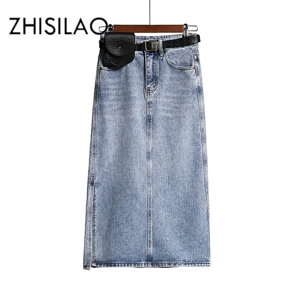 Long Denim Saia Mulheres Vintage High Wasit Jeans com Cinto Plus Size em linha reta Lápis Elegante Verão Chique 210621