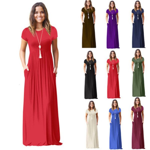 

women's spring and summer short sleeve casual round neck pocket dress long skirt, Black;gray