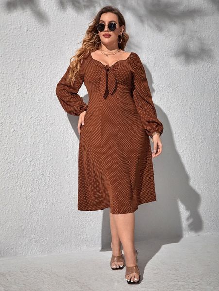 

plus polka dot lantern sleeve tie front sweetheart neck dress x2cg#, Black