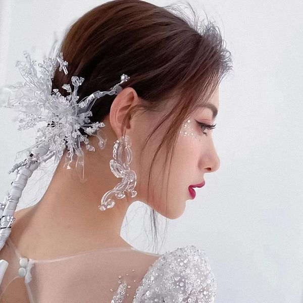 

hair clips & barrettes fashion liquid flower satin long bands earrings sets beautiful korean crystal flowers suit wedding bridal headdress, Golden;silver