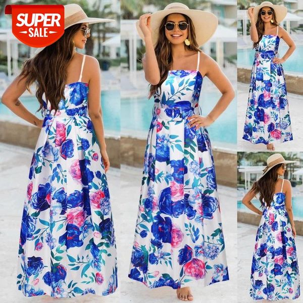 

women's floral print strapless dress elegant women vestidos spaghetti strap ankle-length sashes sleeveless spring dress #wg7b, White;black