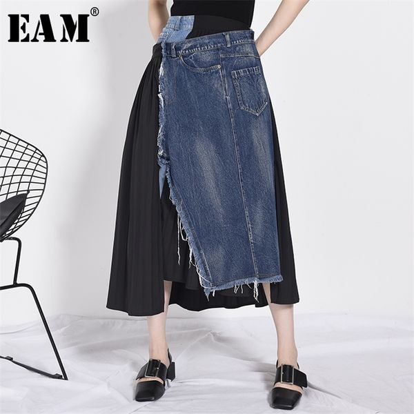 

[eam] high elastic waist blue denim stitch pleated irregular half-body skirt women fashion tide new spring autumn jz26505 210311, Black