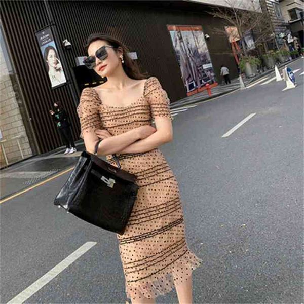 

arrival summer fashion polka dot hip dress high mesh see through short puff sleeve playsuit ladies casual streetwear 210603, Black;gray