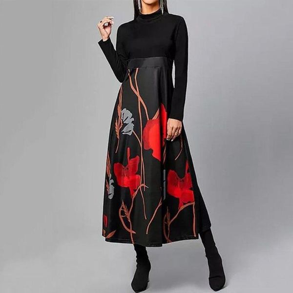 

women autumn winter o-neck long sleeve vintage daily a-line dress floral print maxi dress, Black;gray