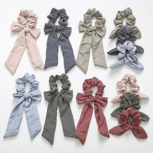 

women knotted rabbit ears headdress stripe hair ties scrunchies long ribbons hairband headwear girl accessories 12 designs bt5688, Slivery;white