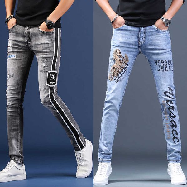 

slim fit men's printed jeans, luxury light elastic striped korean casual jeans, Blue