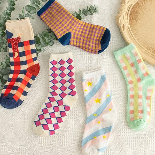

socks & hosiery casual fashion patchwork plaid woman korean style harajuku hip hop skateboard sport japanese cartoon cute crew, Black;white