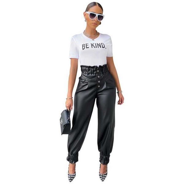 

y8063 women's high waist pleated leather pants, Black