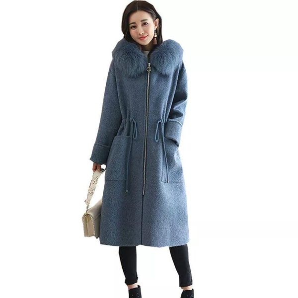 

women's wool & blends monteau femme hiver fur collars hooded manteau long cappotto donna windproof thick warm, Black