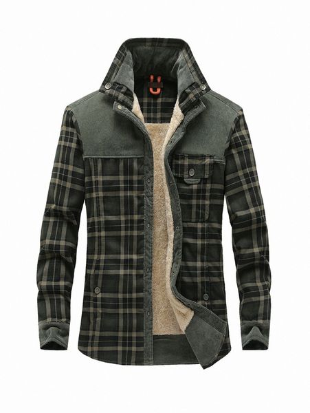 

men plaid print teddy lined pocket front coat f2me#, Black;brown