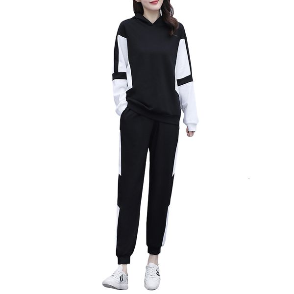 

women more size l-4xl black sports suit with hood part and pants two matching training pieces clothing big race clothes klb7, Gray