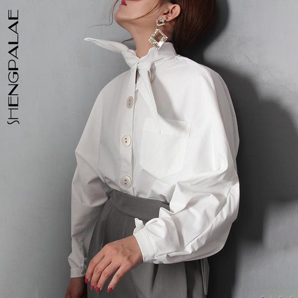 

women's blouses & shirts shengpalae 2021 spring white bow tie collar blouse lantern sleeve loose big korean women casual fashon shirt f